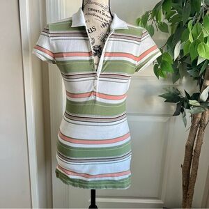 Aeropostale Y2K Slim Fit Preppy Cotton Striped Polo Top Green Sz S